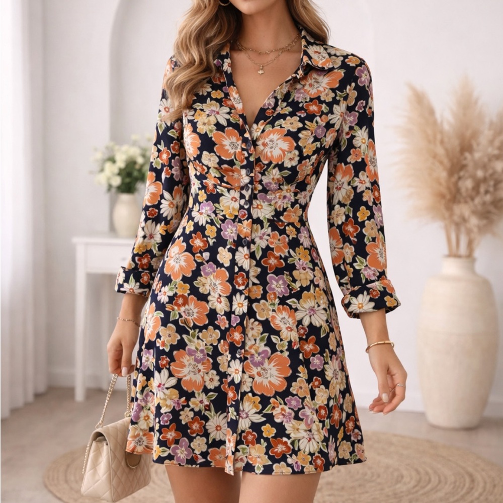 Zara Multicolor Floral Long Sleeve Dress with side pockets sx XS